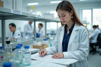Jeune chercheuse CNRS en début de carrière dans un laboratoire universitaire moderne consultant des données scientifiques