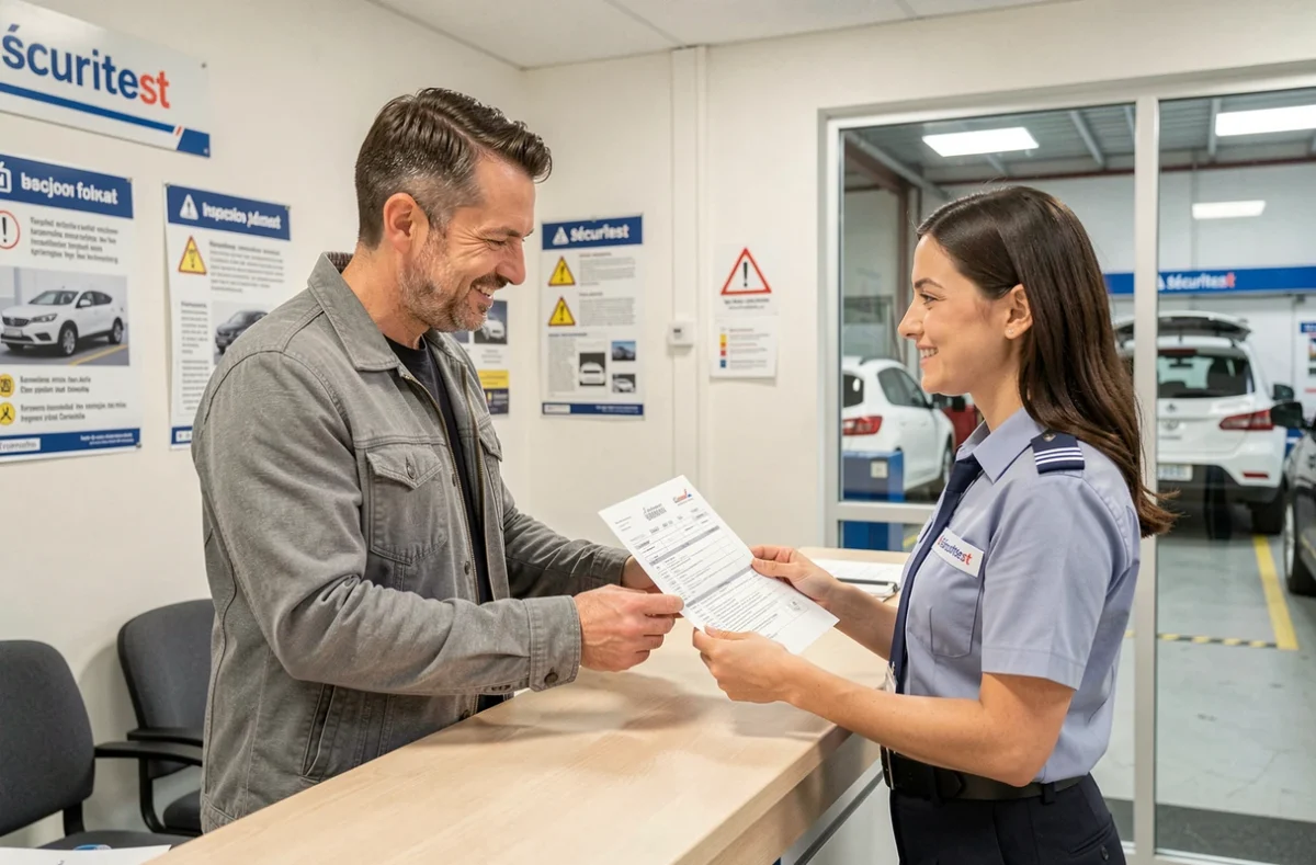 Client satisfait recevant son rapport de contrôle technique des mains d'une conseillère Sécuritest à l'accueil
