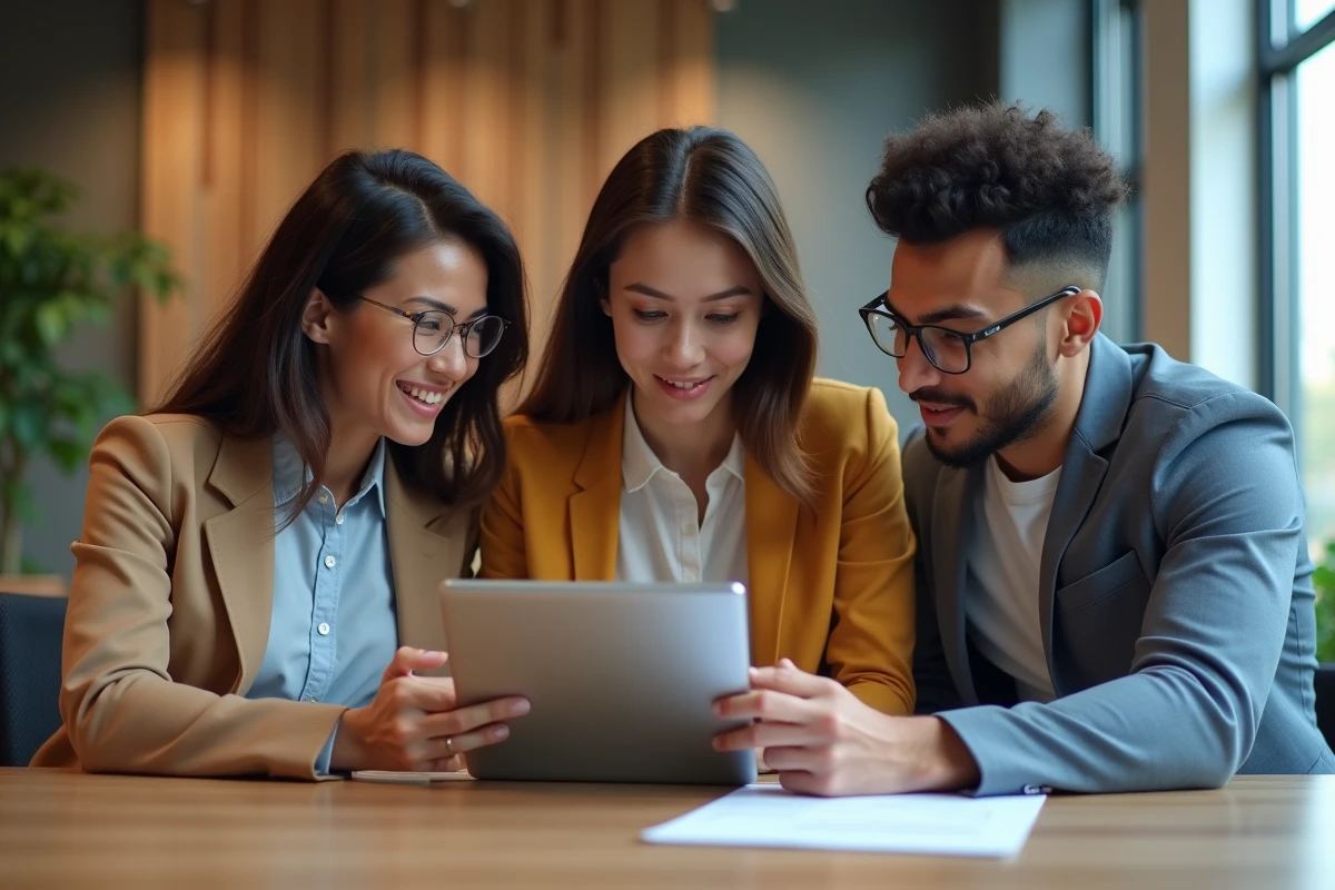 Trois employés de bureau diversifiés autour d'une tablette