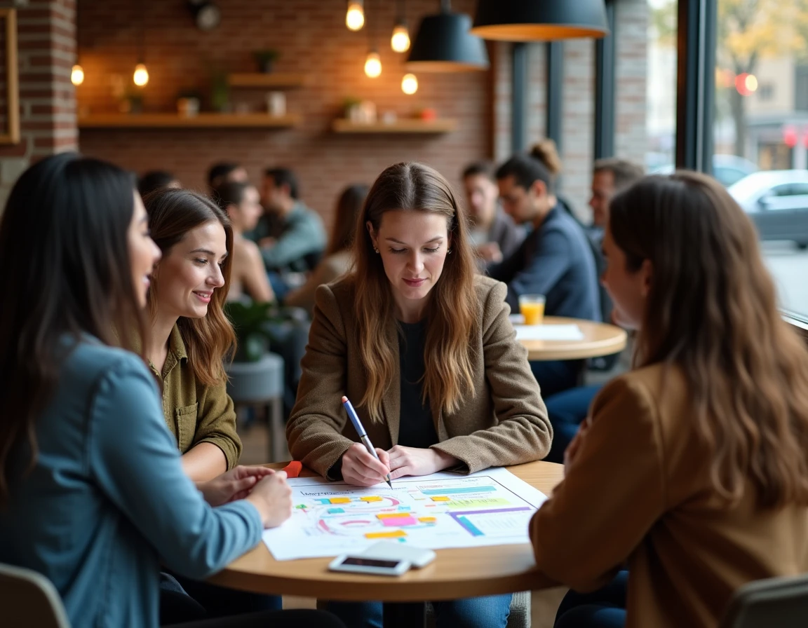 Équipe de professionnels collaborant sur un schéma des activités principales d'une entreprise dans un espace de coworking