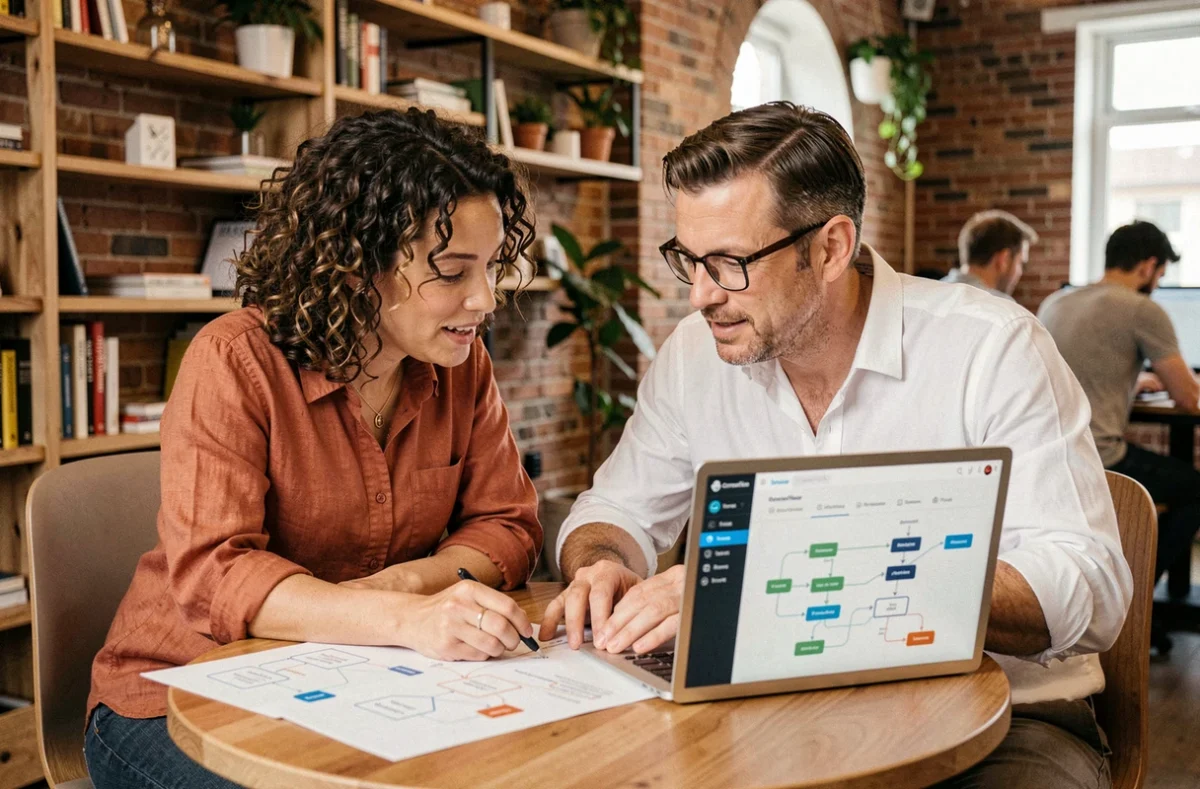 Deux collègues collaborant sur des diagrammes de processus automatisés no-code dans un espace de coworking chaleureux