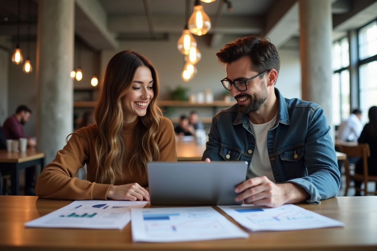 Deux collègues collaborant sur une stratégie de référencement et de marketing digital économique dans un espace de coworking moderne
