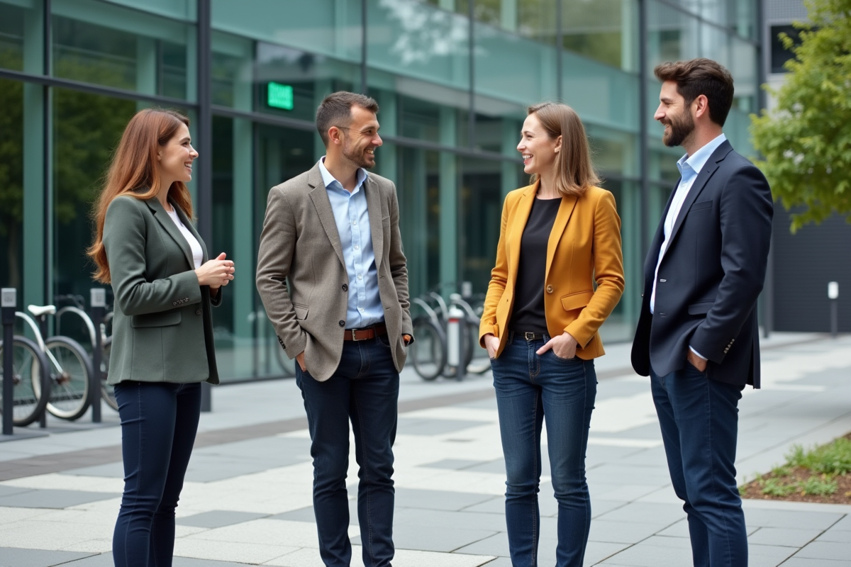 Groupe de collègues discutant en extérieur lors d