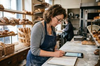 Commerçante de quartier consultant ses chiffres sur une tablette dans sa boulangerie