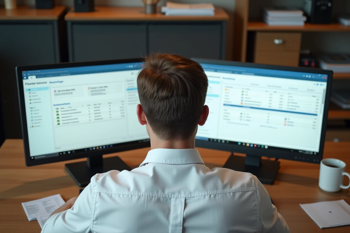 Responsable de commerce comparant deux logiciels de caisse certifiés NF525 sur des ordinateurs portables en bureau