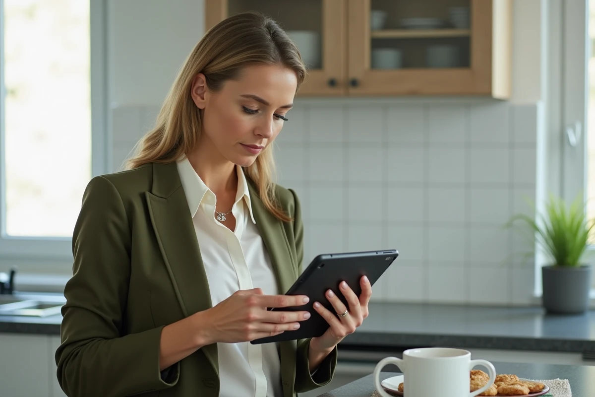 Femme comparant les canaux de contact Backmarket téléphone et formulaire depuis sa cuisine