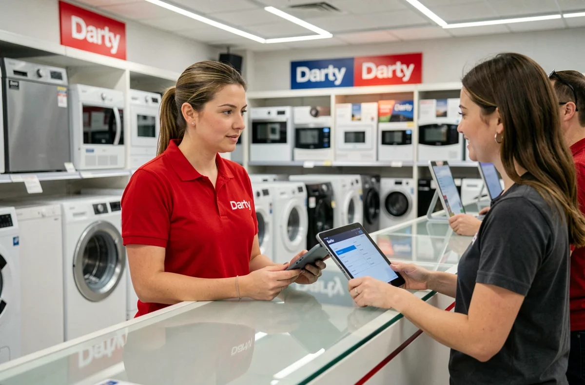Employé Darty en uniforme rouge aidant un client au comptoir du service après-vente en magasin
