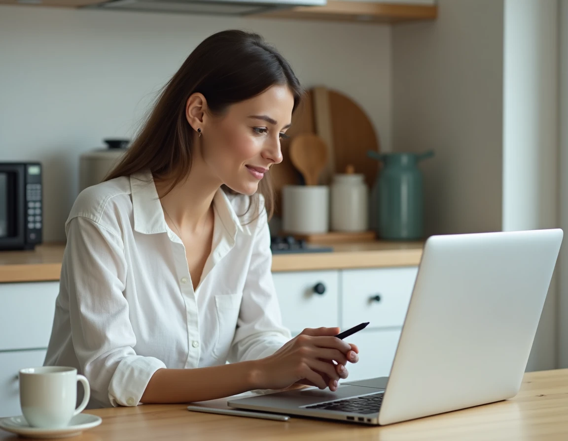 Jeune femme se connectant à GPNet AF depuis sa cuisine avec une tablette et un ordinateur portable