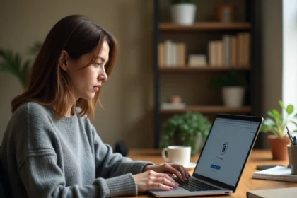 Femme connectée à un réseau sécurisé GPNet AF depuis son bureau à domicile sur un ordinateur portable