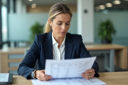 Conseillère financière analysant des documents sur le fonctionnement d'ESALIA dans un bureau moderne