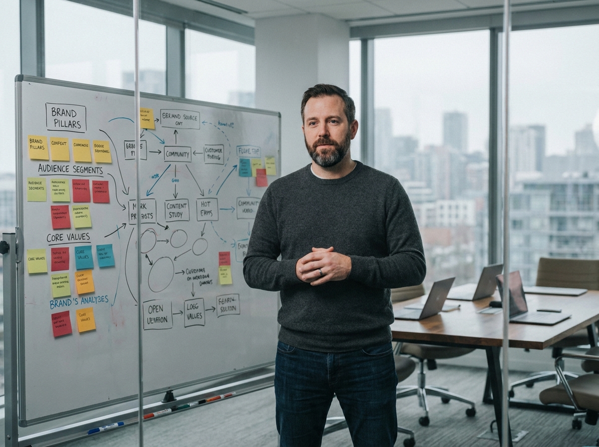 Consultant en branding masculin présentant une architecture de marque complexe sur un tableau blanc dans une salle de réunion startup