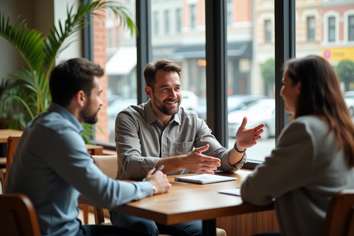 Consultant souriant en discussion avec un couple au café