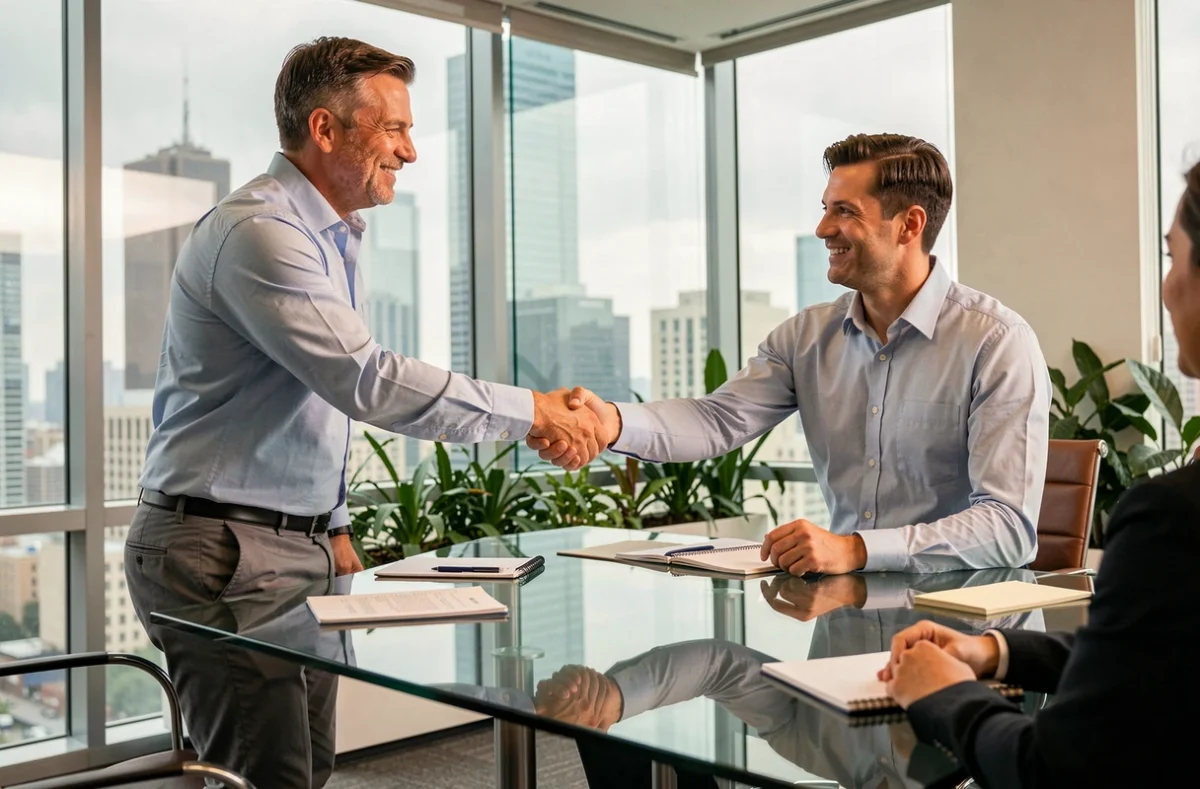Consultant en portage salarial signant un contrat avec un client en salle de réunion
