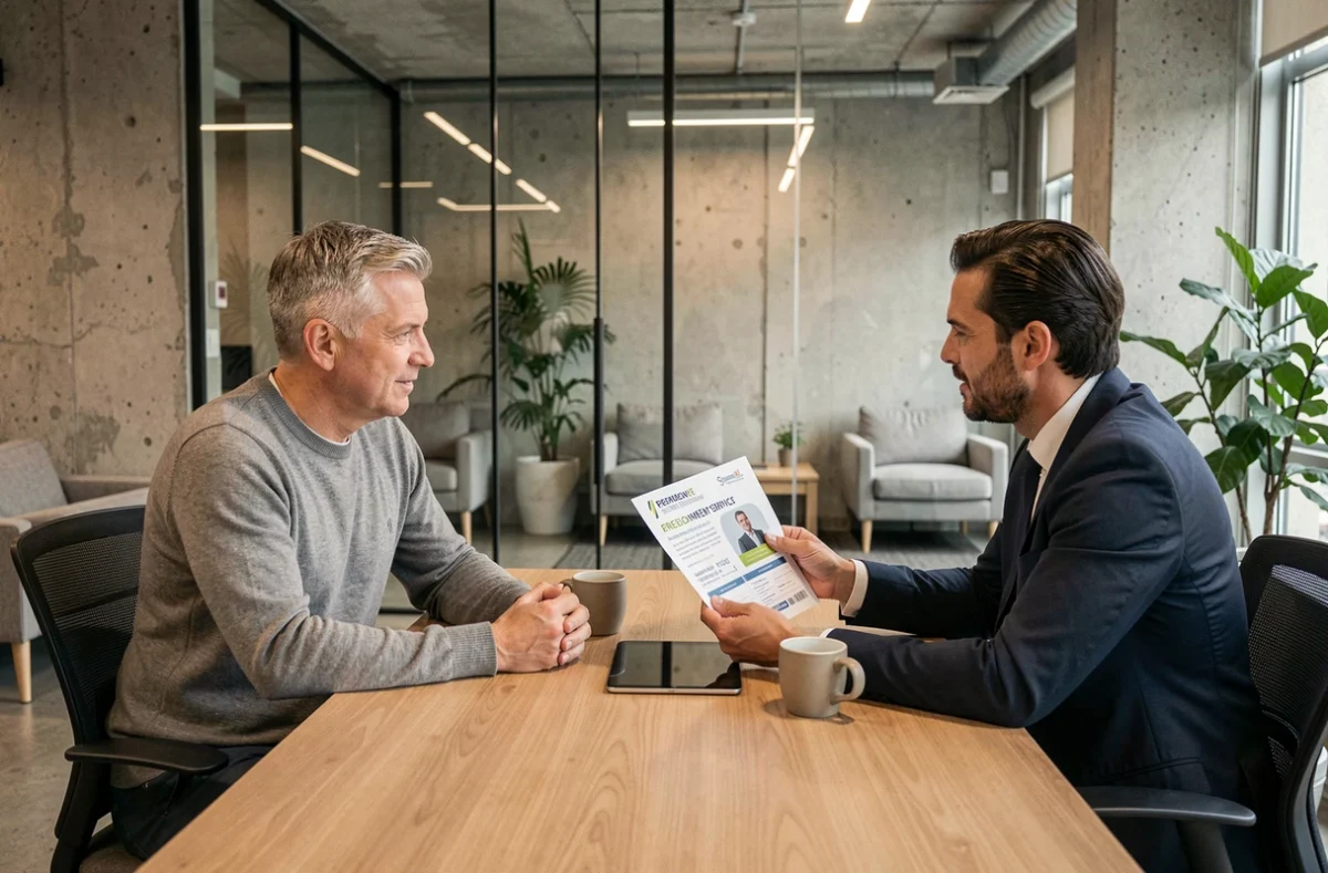 Consultant en portage salarial expliquant les options à un freelance lors d'une réunion
