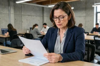 Consultante RH en portage salarial révisant un contrat dans un espace de coworking moderne