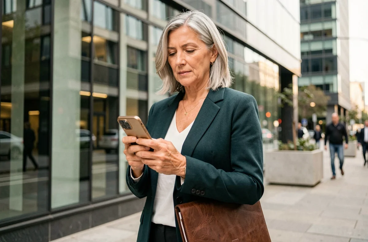 Consultante RH senior en portage salarial devant un immeuble de bureaux moderne en milieu urbain