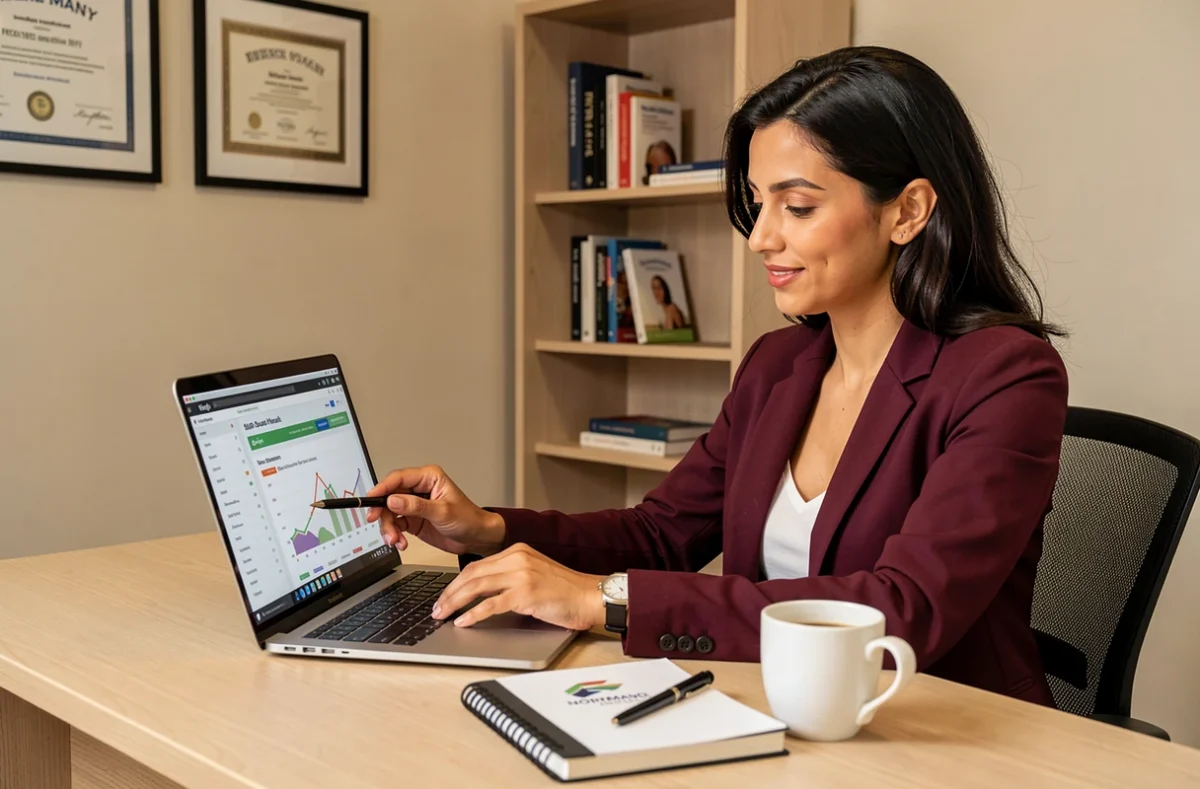 Sara El Gharbi, consultante SEO indépendante, révisant un audit de référencement dans son bureau professionnel en Normandie