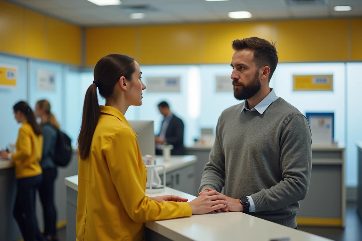 Client en discussion avec un agent de La Poste au guichet d'un bureau de poste moderne