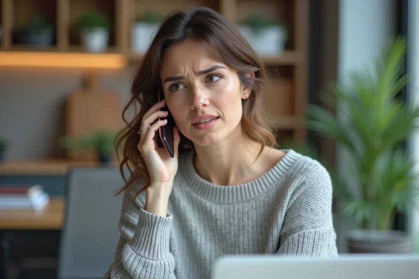 Femme contactant le service client Backmarket par téléphone depuis son bureau à domicile