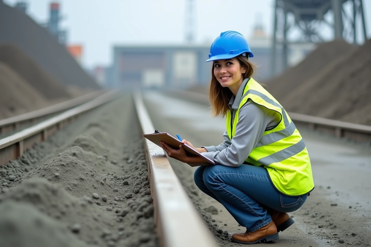 Ingénieure inspectant le ciment sur site extérieur