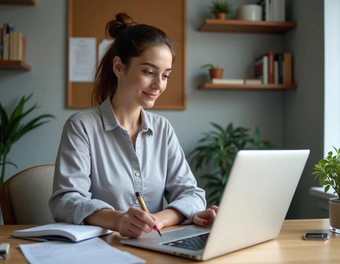 Jeune femme convertissant des pouces en centimètres sur ordinateur portable dans un bureau à domicile