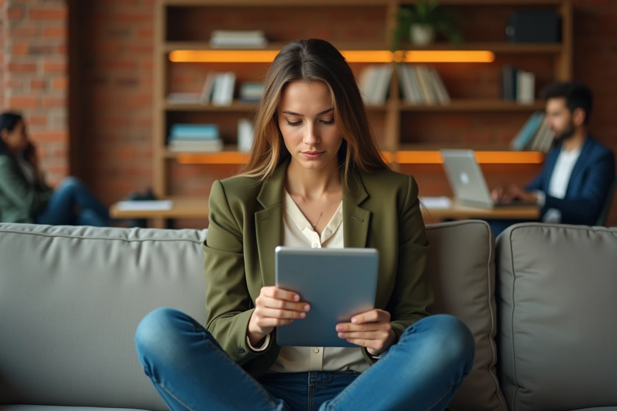 Jeune entrepreneuse vérifiant et corrigeant son numéro DUNS sur une tablette dans un espace de coworking