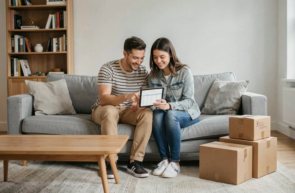 Couple analysant leur budget mensuel sur une tablette entourés de colis à livrer dans un appartement moderne