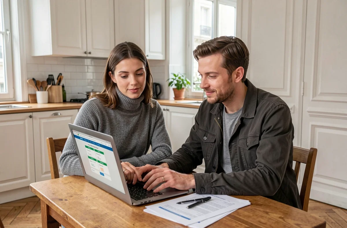 Couple consultant une assurance Franciliane sur ordinateur portable dans un appartement parisien