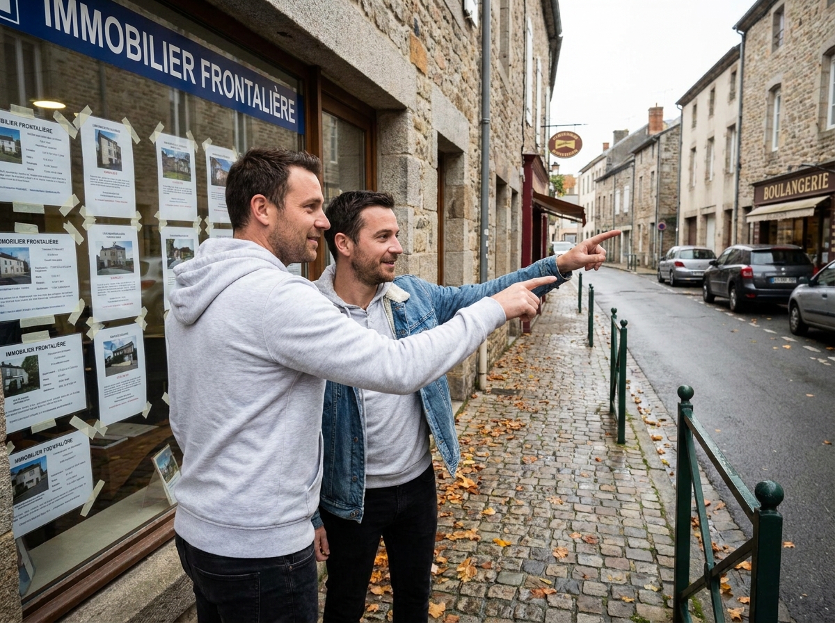 Un couple qui consulte les annonces immobilières dans une agence d'une ville frontalière française en envisageant de s'installer près de Bruxelles