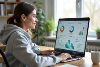 Jeune femme débutante en affiliation consultant ses statistiques Conversant sur un ordinateur portable dans un bureau à domicile
