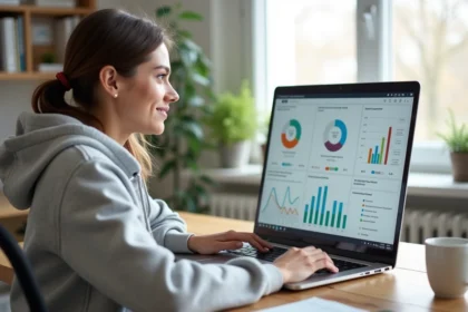 Jeune femme débutante en affiliation consultant ses statistiques Conversant sur un ordinateur portable dans un bureau à domicile