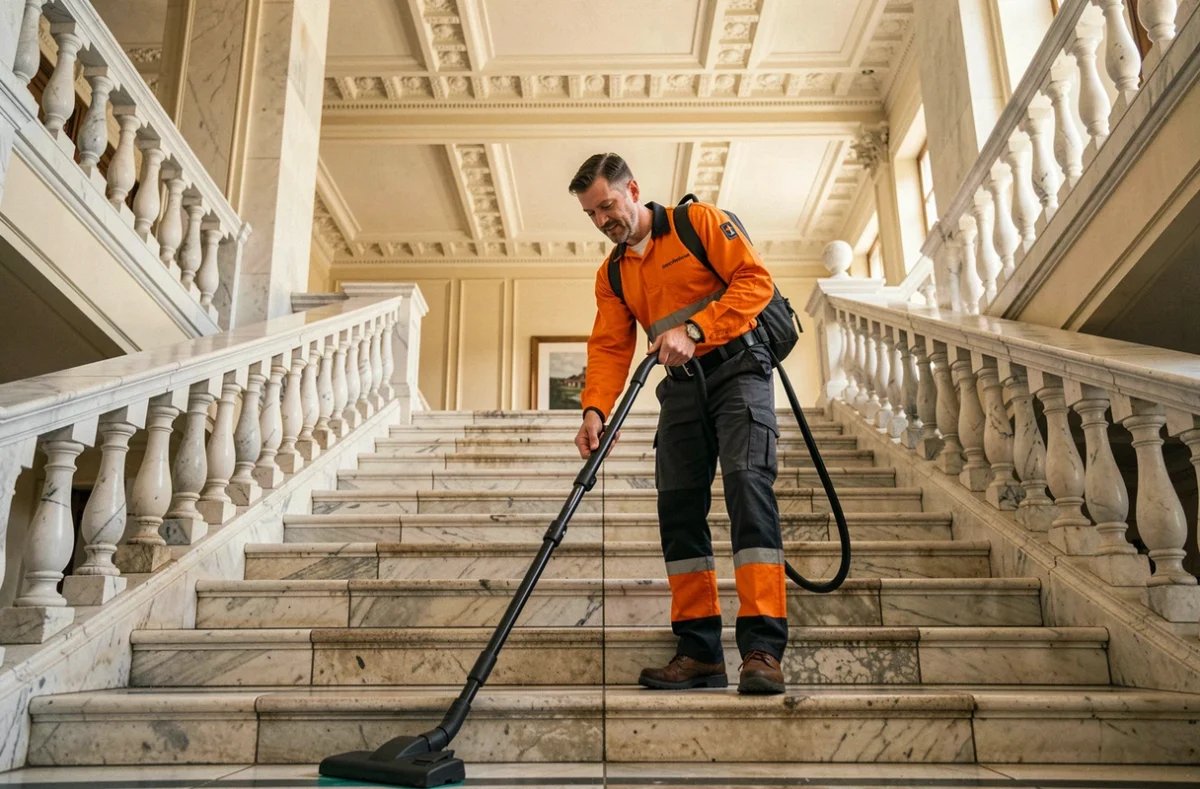 Technicien Derichebourg Propreté Grand Est en uniforme orange aspirant un grand escalier dans un bâtiment administratif public