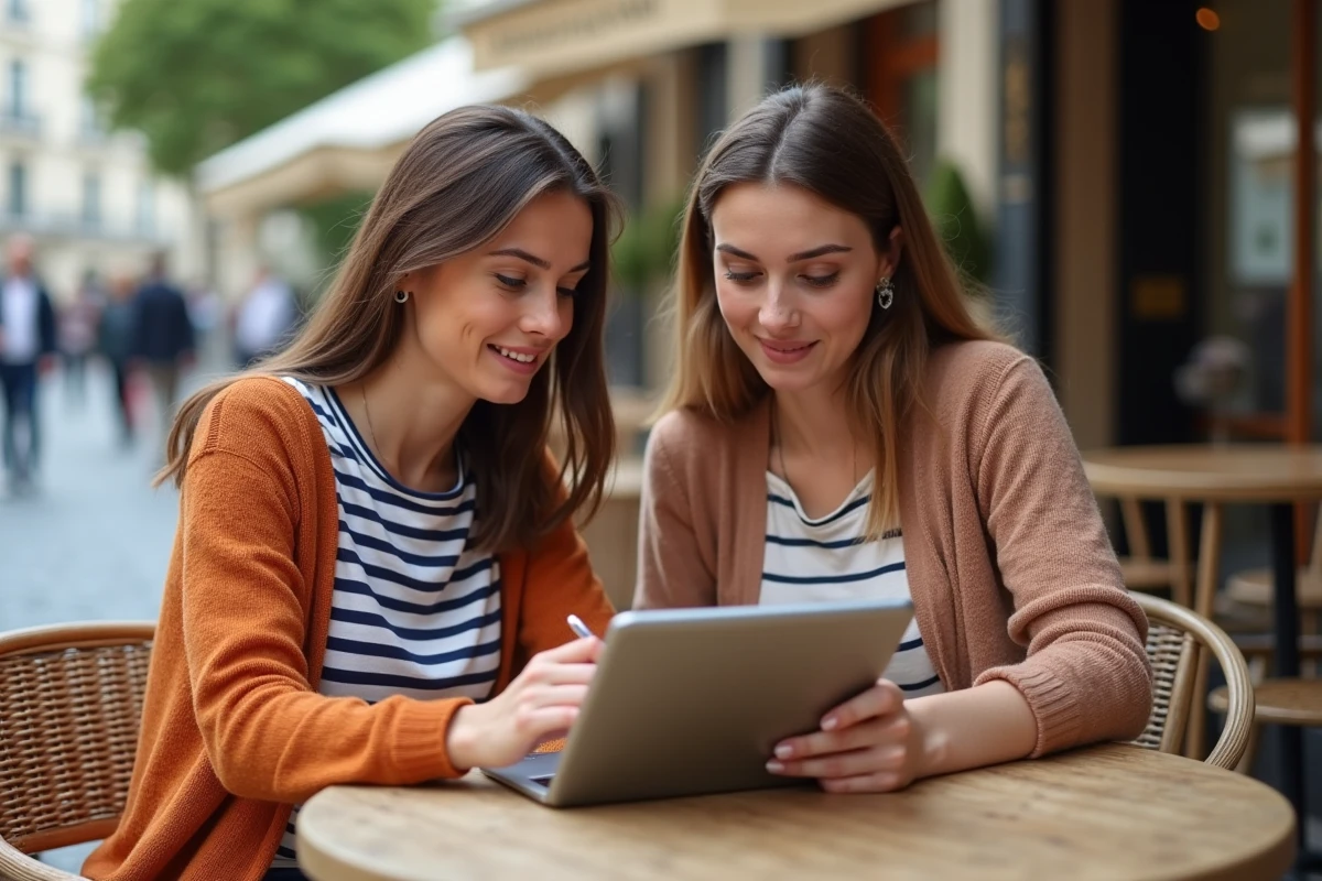 Deux femmes consultant une liste de marques françaises sur une tablette en terrasse de café à Paris