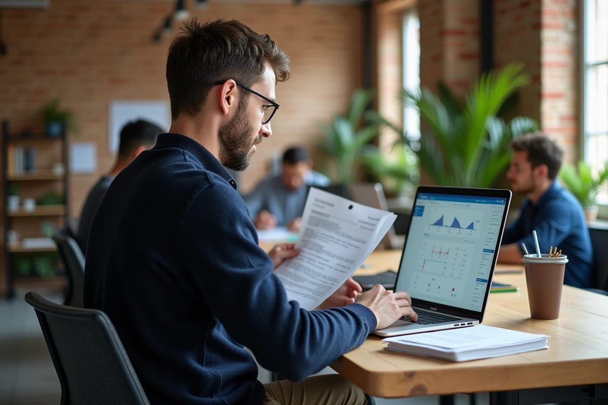 Développeur économique consultant un rapport d'implantation d'entreprise sur un portail territorial numérique dans un espace de coworking