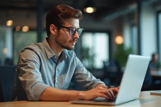 Jeune developpeur web concentré sur son ordinateur dans un bureau moderne