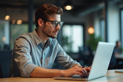 Jeune developpeur web concentré sur son ordinateur dans un bureau moderne