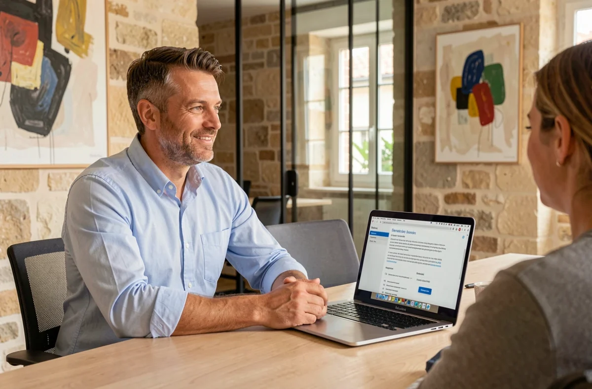 Directeur d'agence web masculin discutant d'une proposition de site internet avec un client dans une salle de réunion sophistiquée à Aix-en-Provence