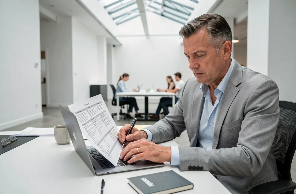 Dirigeant commercial analysant ses contacts et opportunités B2B sur ordinateur portable dans un espace de coworking professionnel
