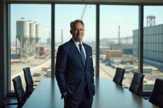 Dirigeant en costume navy devant site ciment industriel