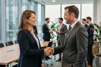 Deux dirigeants commerciaux se serrant la main lors d'un événement de networking B2B professionnel en salle de conférence moderne