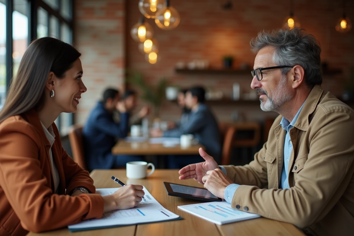 Deux professionnels discutant d'un projet entrepreneurial autour d'un tableau de données dans un café, illustrant l'accompagnement au passage à l'action