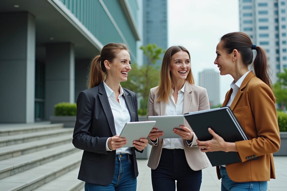 Deux femmes et un homme discutant dehors avec tablettes