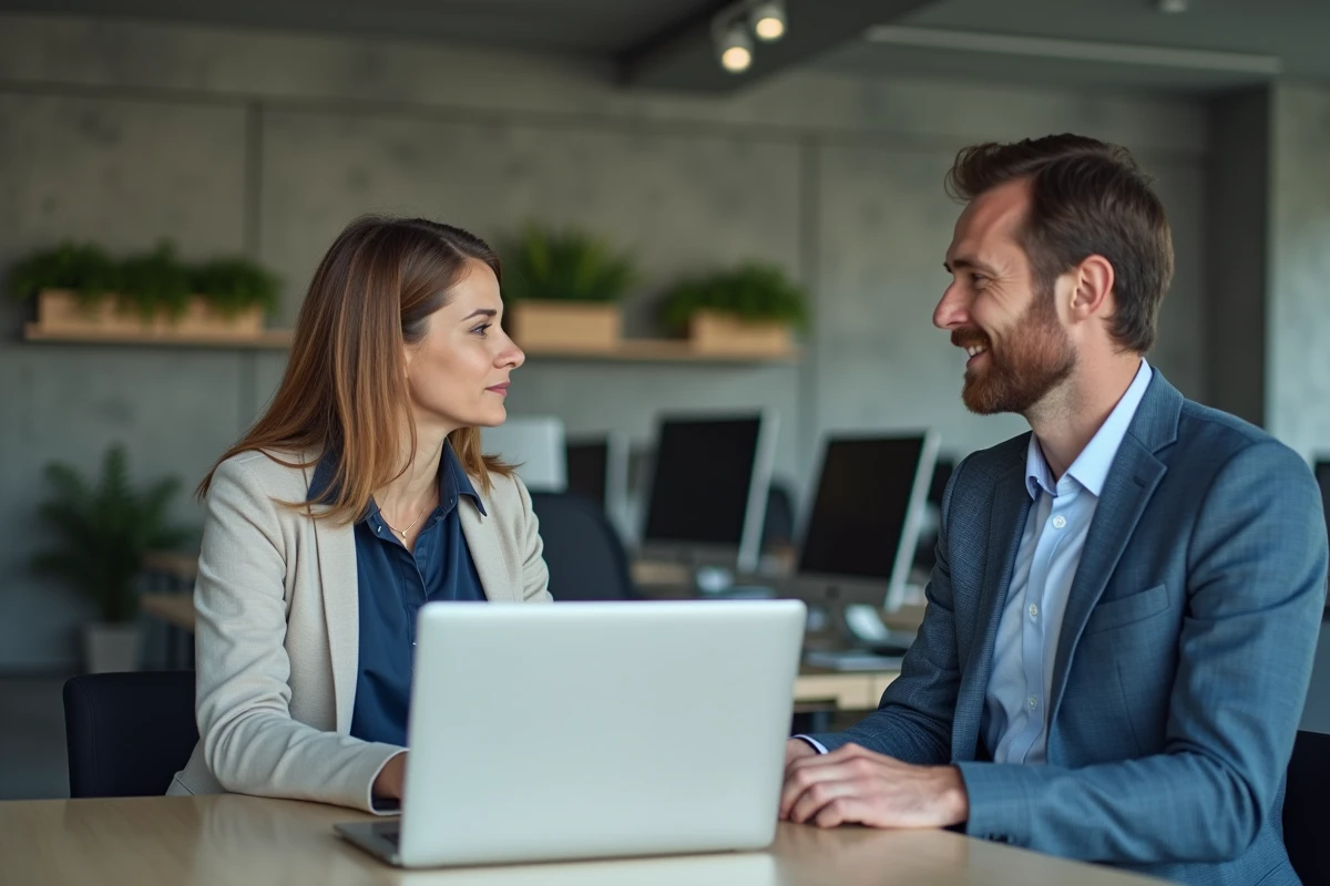 Deux professionnels discutent d'un changement de régime social entre MSA et Urssaf en espace de coworking