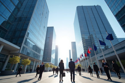Quartier financier européen avec bâtiments emblématiques et drapeaux EU