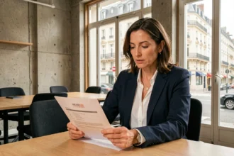 Femme dirigeante consultant des documents de domiciliation d'entreprise dans un espace de coworking à Reims