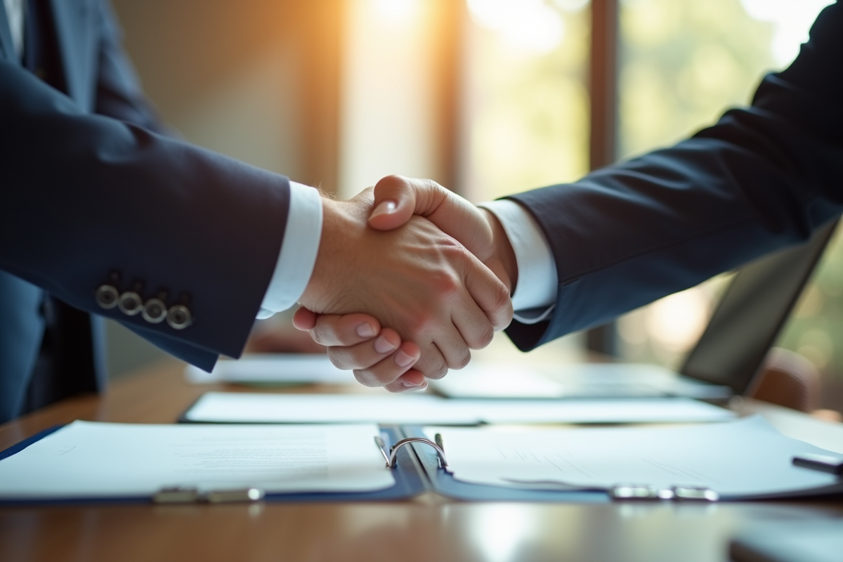 Main échangeant un contrat officiel sur un bureau lumineux
