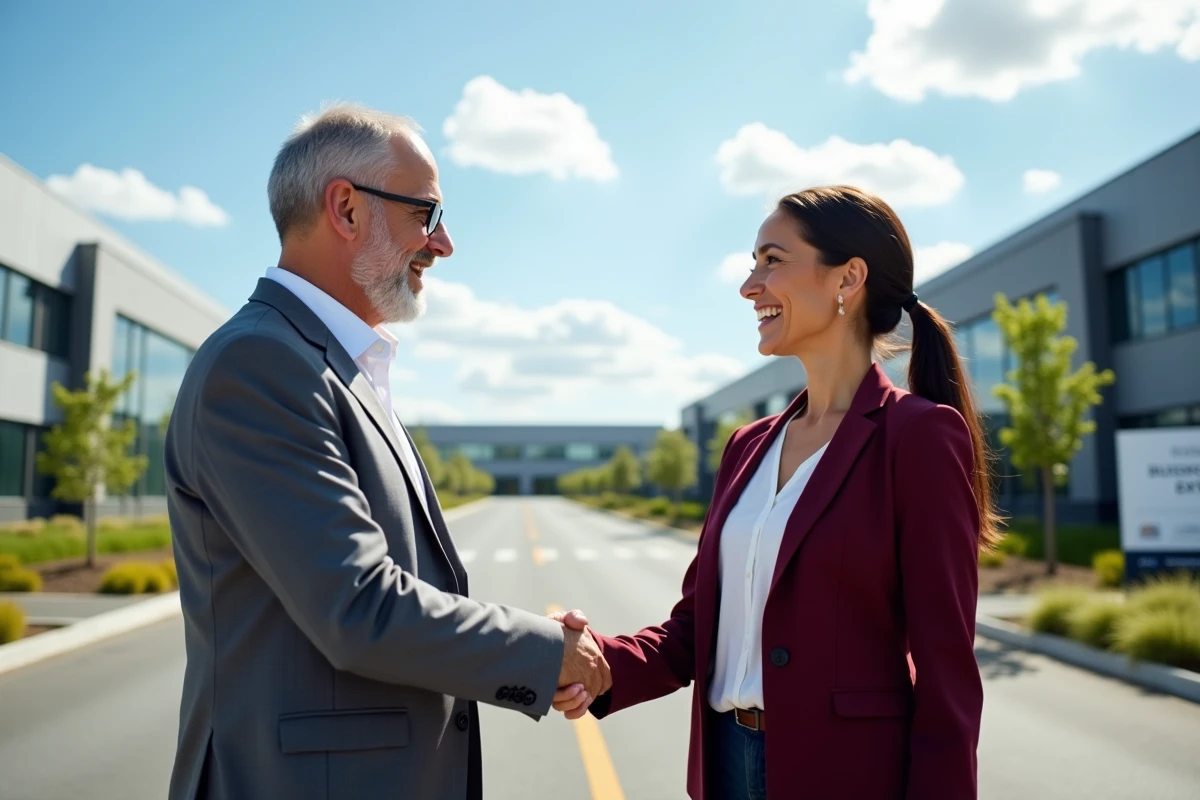Élu local et chef d'entreprise se serrant la main à l'entrée d'une zone d'activité économique aménagée par une collectivité territoriale