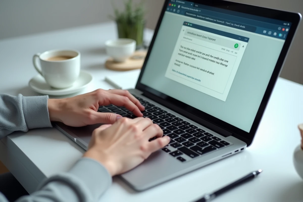 Gros plan sur des mains tapant sur un clavier d'ordinateur avec un email de réinitialisation de mot de passe visible à l'écran