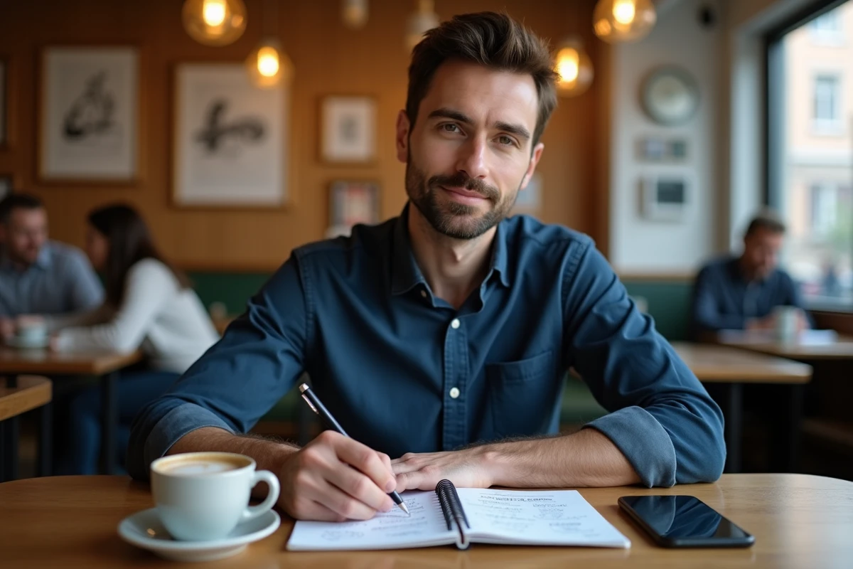 Entrepreneur prenant des notes manuscrites sur un projet startup dans un café avec une application de lancement sur smartphone