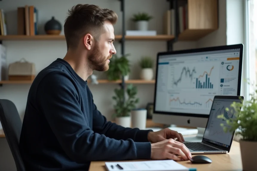 Entrepreneur travaillant sur son side business depuis un bureau à domicile, analysant des données financières sur un ordinateur portable